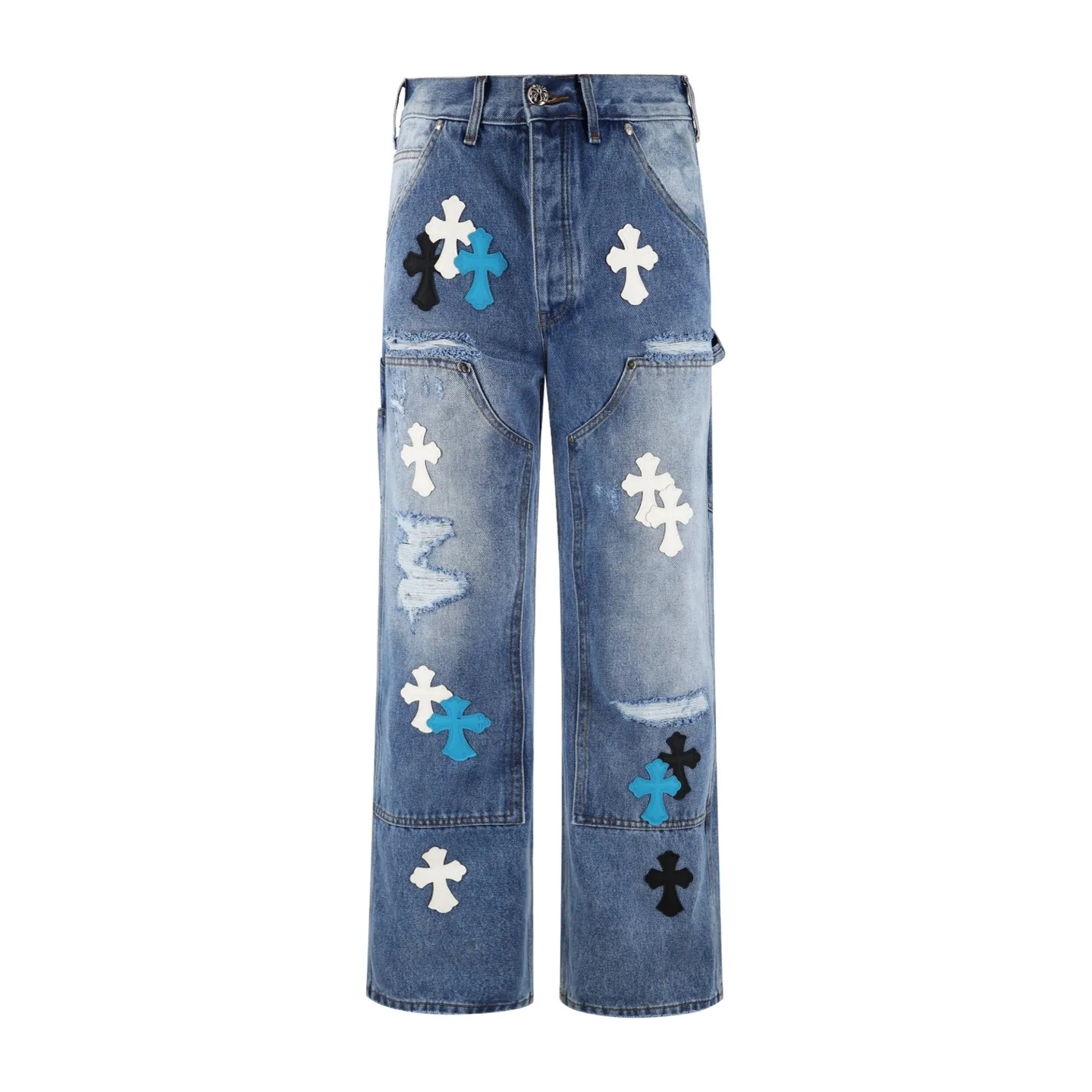 🅿️760 [Exclusive supply] CH Crow Heart Work Jeans are made of twill high-ounce washed denim fabric, exclusive CH-specific logging overalls style (non-Levis Vintage) custom-woven and dyed fabric, and the two-color cross is cowhide + sheepskin (all leather imported from Italy is custom-dyed separately, with consistent texture and no color difference). The stitch length, thread color, and wiring of the car are exactly the same. The inner lining is jacquard, with embroidery on the waist, 925 silver hardware, and heavy-duty washing and manual polishing. Size:32-34-36-38
